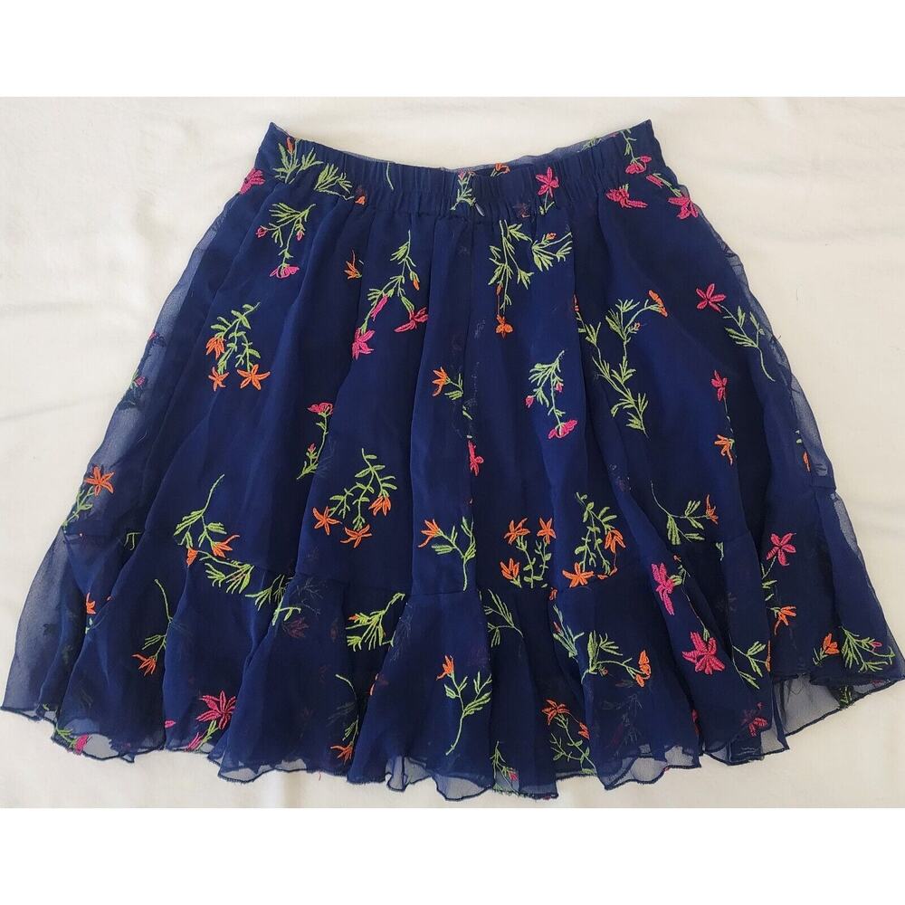 Romeo & Juliet Couture Women Blue Casual Floral Embroidered Sheer Flowy Skirt S